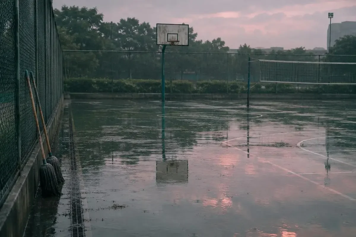 友情剧场《雨季球场的一整个夏天》横版封面，篮球 × 守门员 × 校运会前一个月